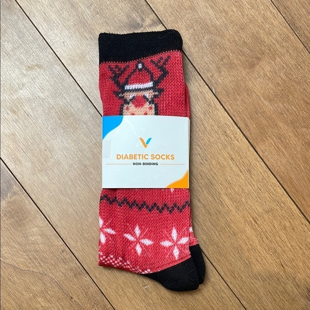 Viasox Diabetic Socks XL Knee High compression Nonbinding Unisex Red Rudolph NWT
